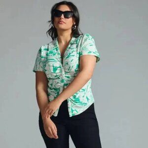 Anthropologie Maeve Green and White Tropical Print Top